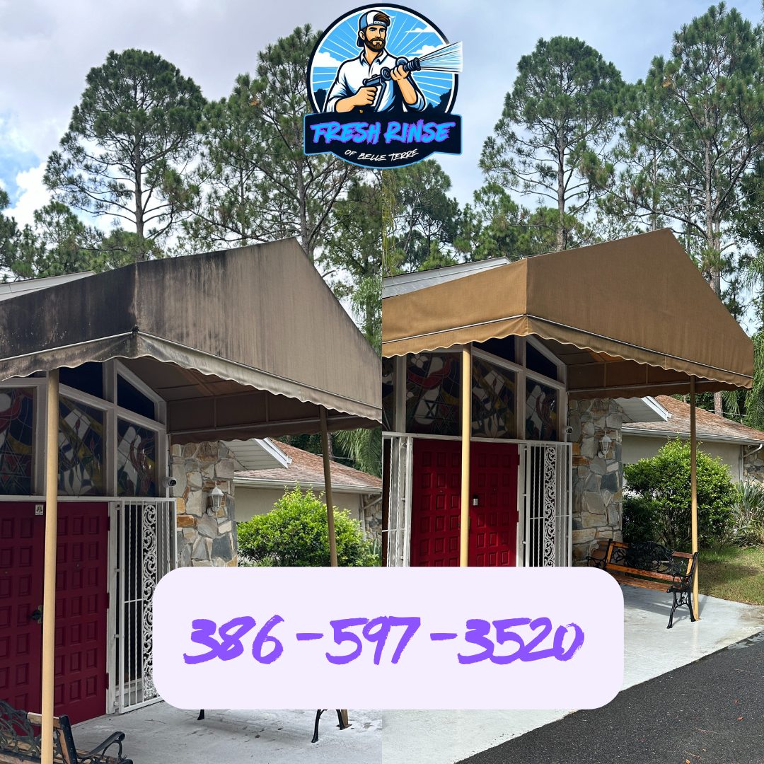 Awning cleaned with soft washing