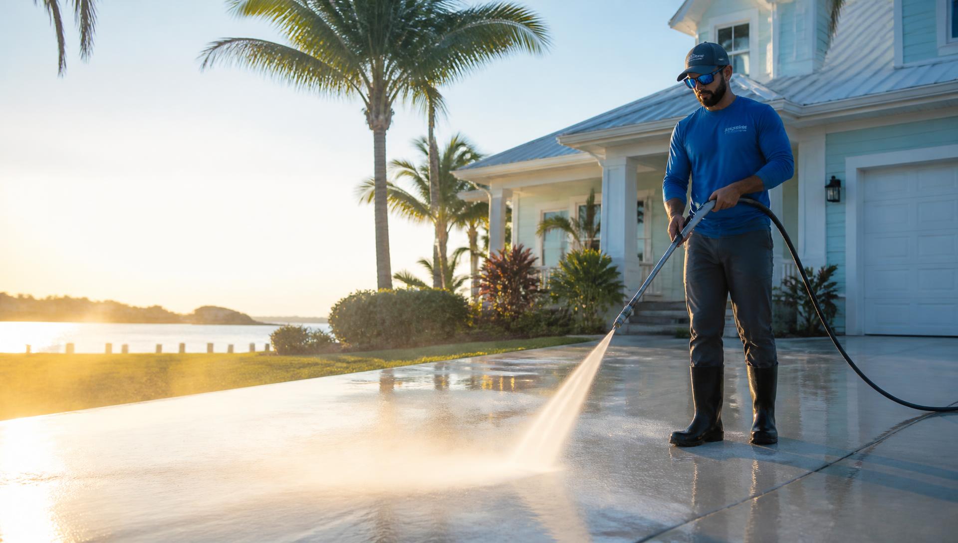 Technician pressure washing a concrete driveway at a coastal home in Palm Coast, Florida